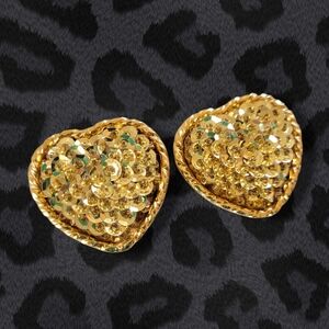 Large VTG Gold Tone Heart Sequin Embellished Chunky Clip On Earrings